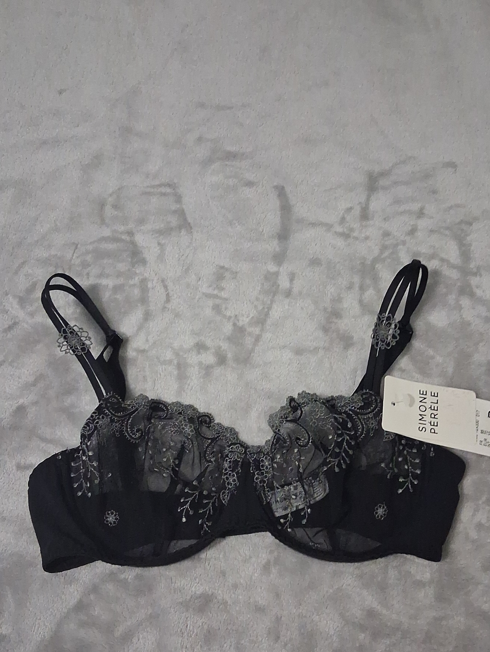 Simone Perele Black Bra with Silver Floral Embroidery 32D Moonlight